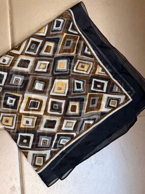 VINTAGE SCARF Geometric Black Brown Sheer Light Weight Quiet Luxury Square 70’s